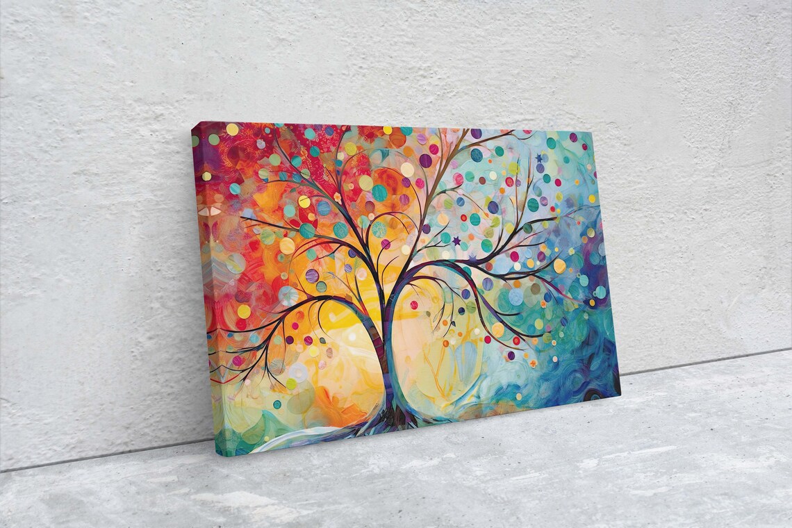 Abstract Tree Of Life Colorful Dot Blossoms Vibrant Modern Art Poster - Image 2