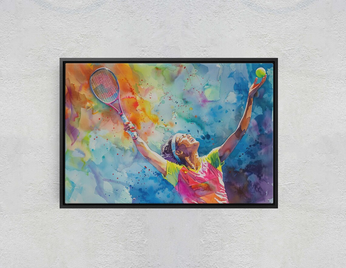 Female Tennis Player Serve Watercolor Bright Athletic Art Poster - Image 2