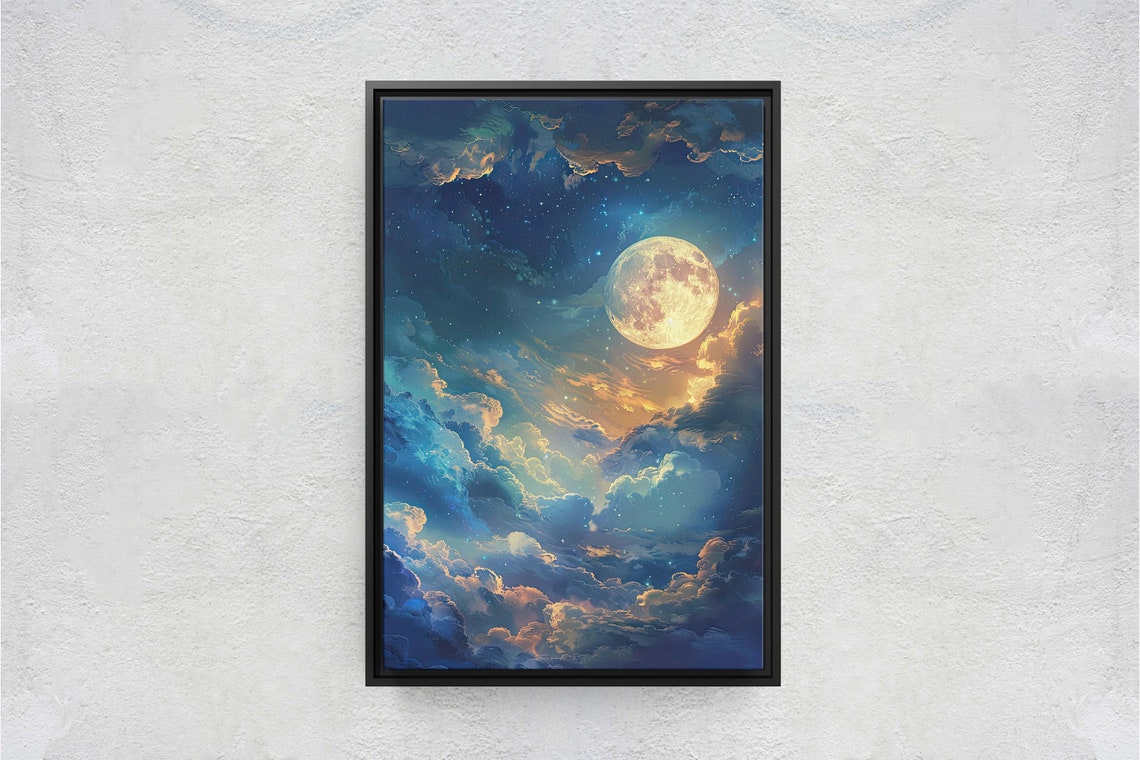Cloudy Moon Sky Moonlit Night Golden Night Full Moon Painting Celestial Art Nature Retro Style - Image 2