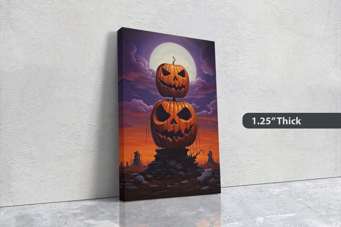 Stacked Jack O Lanterns Full Moon Spooky Halloween Night Art Poster - Image 3