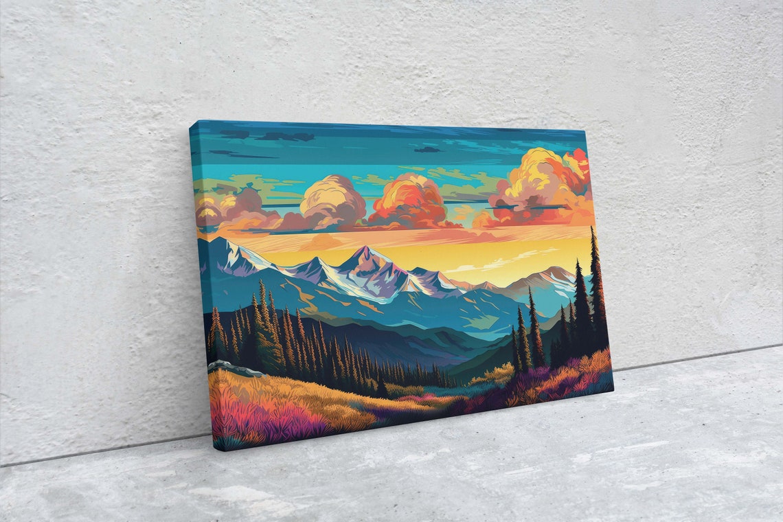 Golden Sunset Mountain Range Dramatic Clouds Pine Forest Art Poster - Image 2