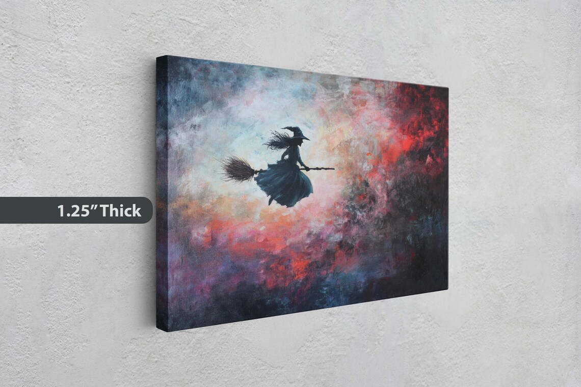 Witch Flying on Broomstick Across Colorful Stormy Sky Halloween Poster - Image 3