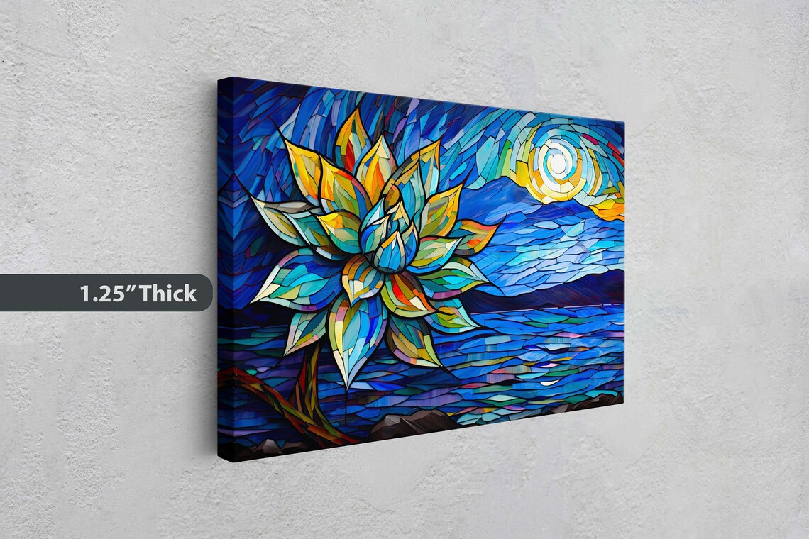 Stained Glass Lotus Flower Sunset Mosaic Lake Mountain Art Print - Image 3