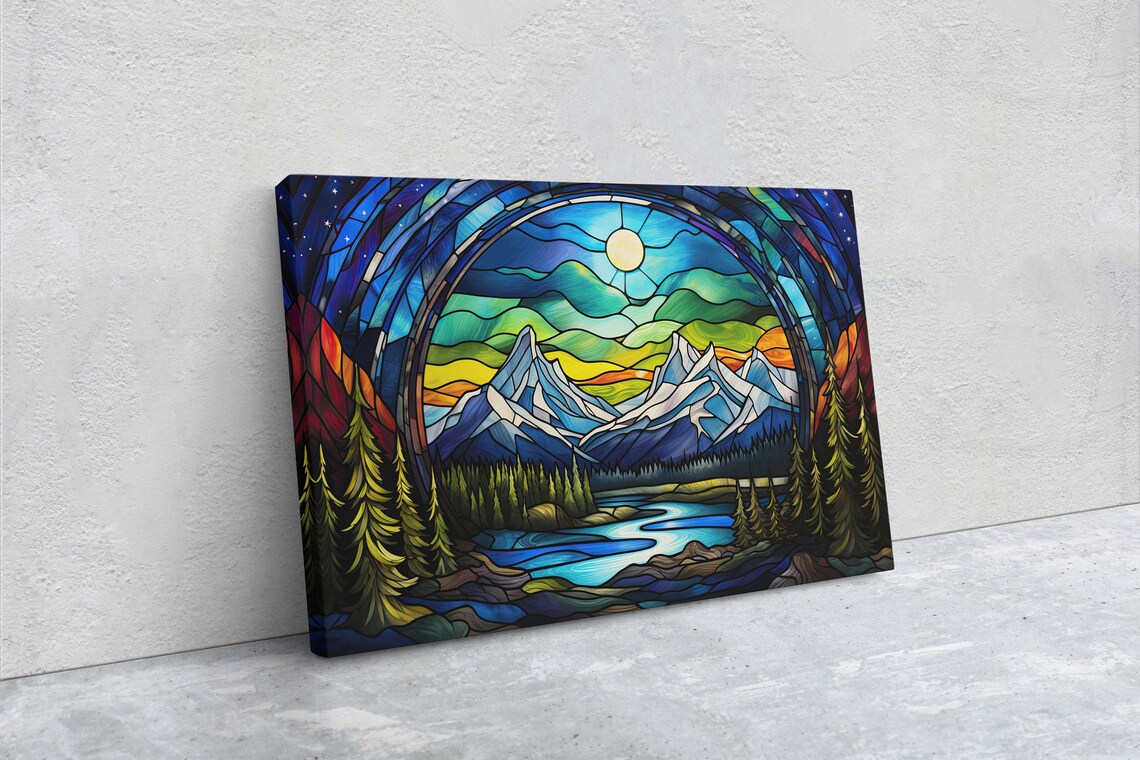 Stained Glass Snowy Mountain Moon Window Arch Lake View Art Print - Image 2