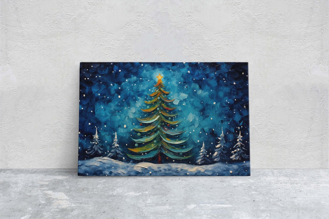 Christmas Tree Snowy Night Star Lights Winter Forest Painting Poster