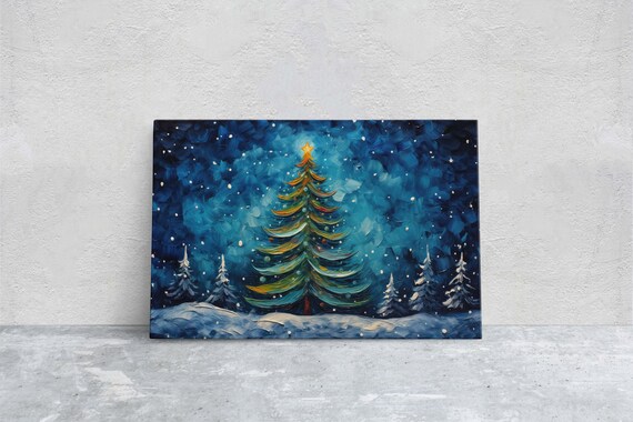 Christmas Tree Snowy Night Star Lights Winter Forest Painting Poster
