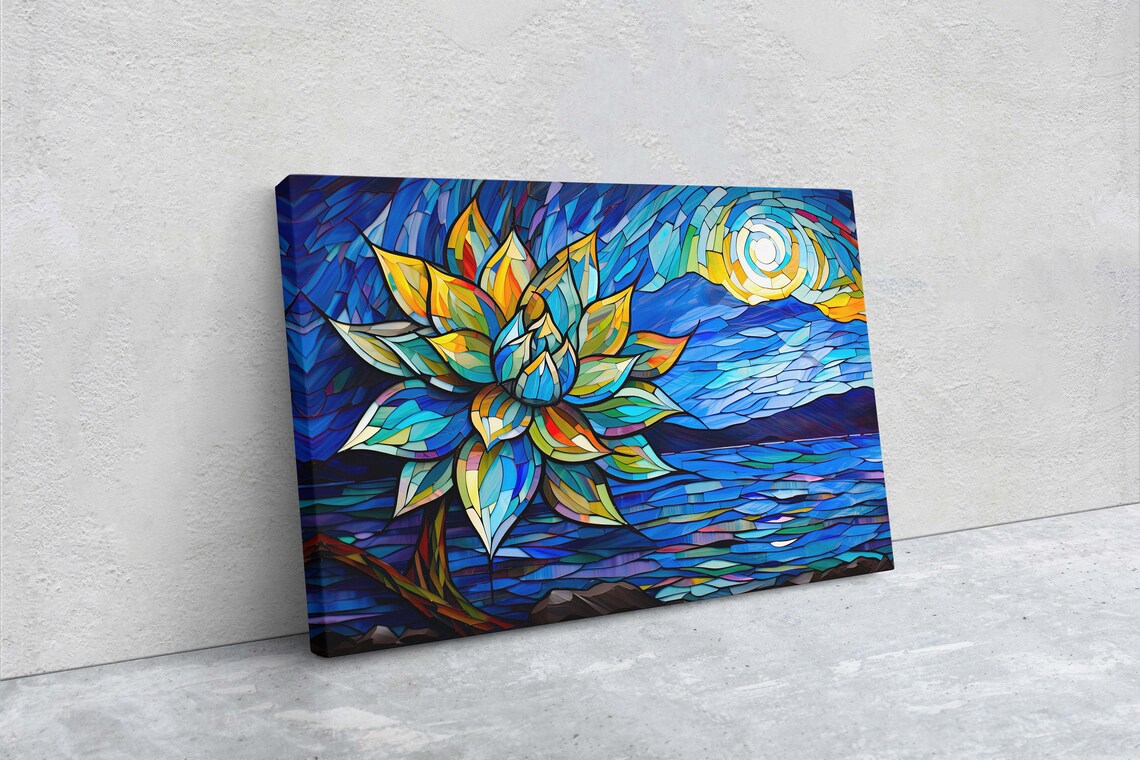 Stained Glass Lotus Flower Sunset Mosaic Lake Mountain Art Print - Image 2