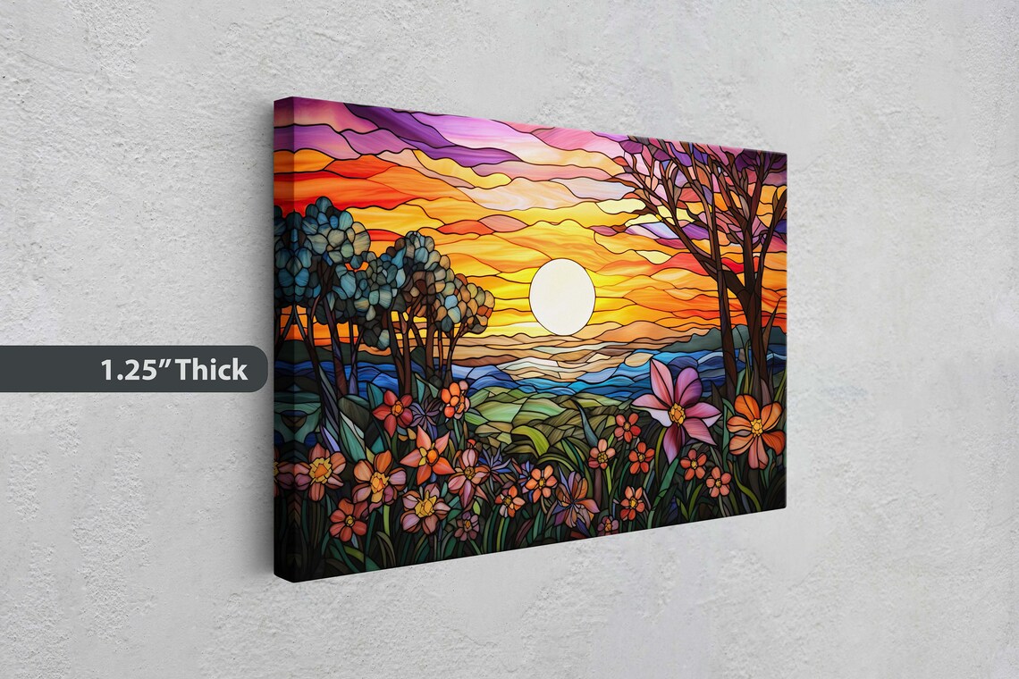 Stained Glass Sunset Wildflower Meadow Field Mountain View Art Print - Image 3