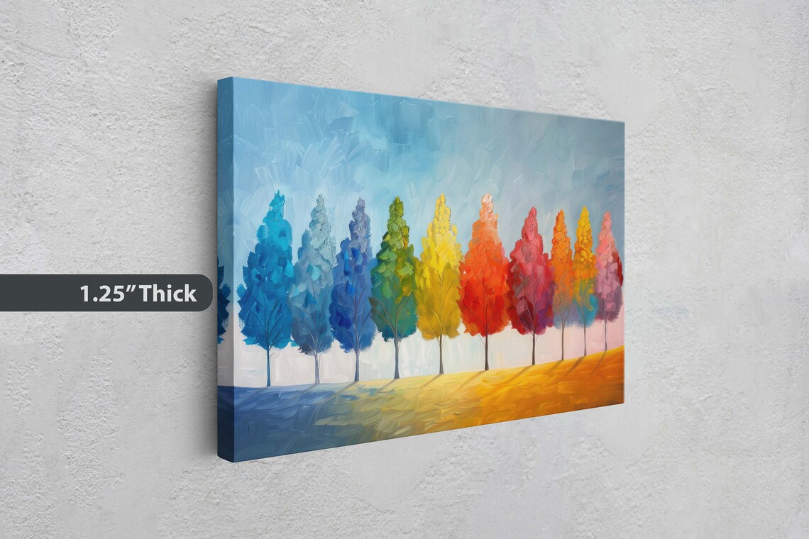 Colorful Trees Row Blue Yellow Red Seasons Modern Landscape Art Poster - Image 2