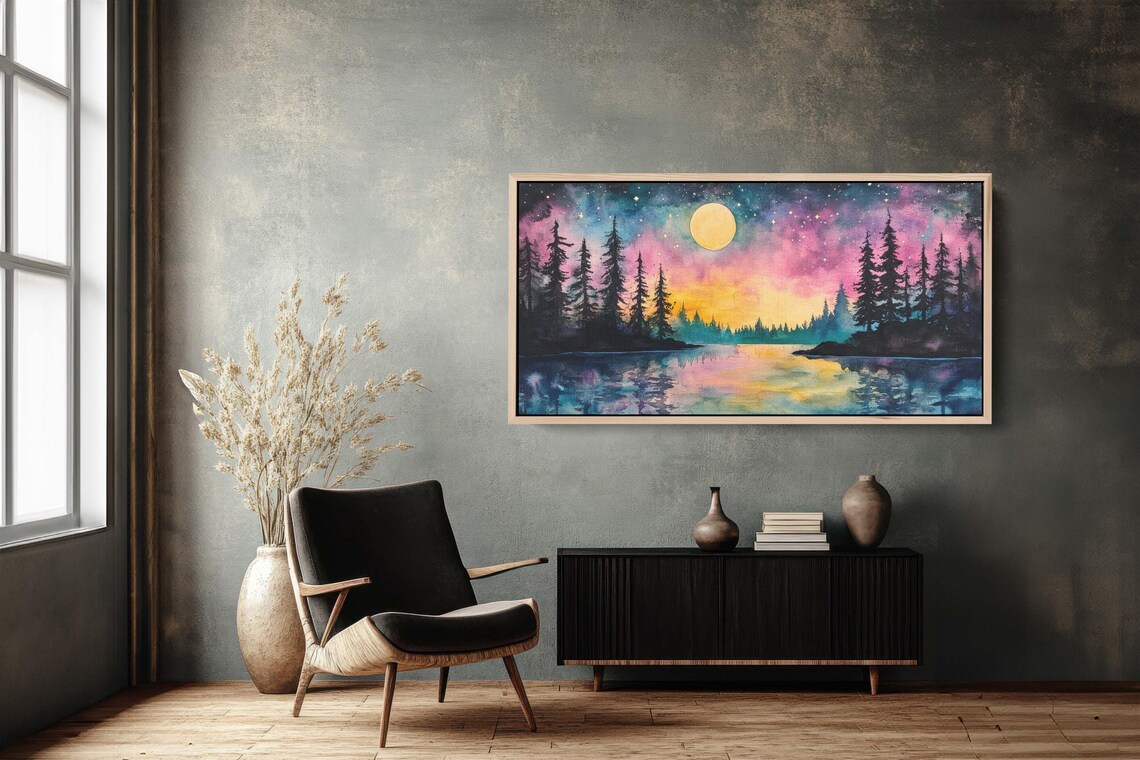 Ethereal Lake Mountain Night, Scenic Nature Print - Image 3