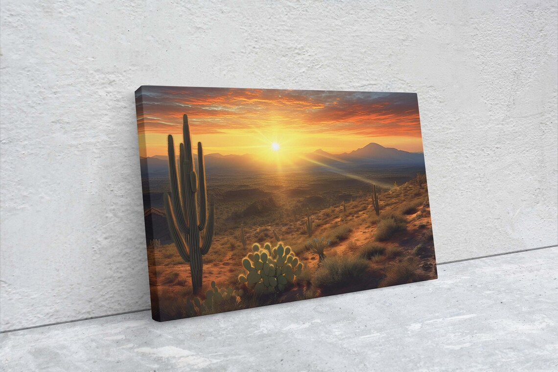 Sonoran Desert Sunrise Saguaro Cactus Golden Sky Landscape Poster - Image 2