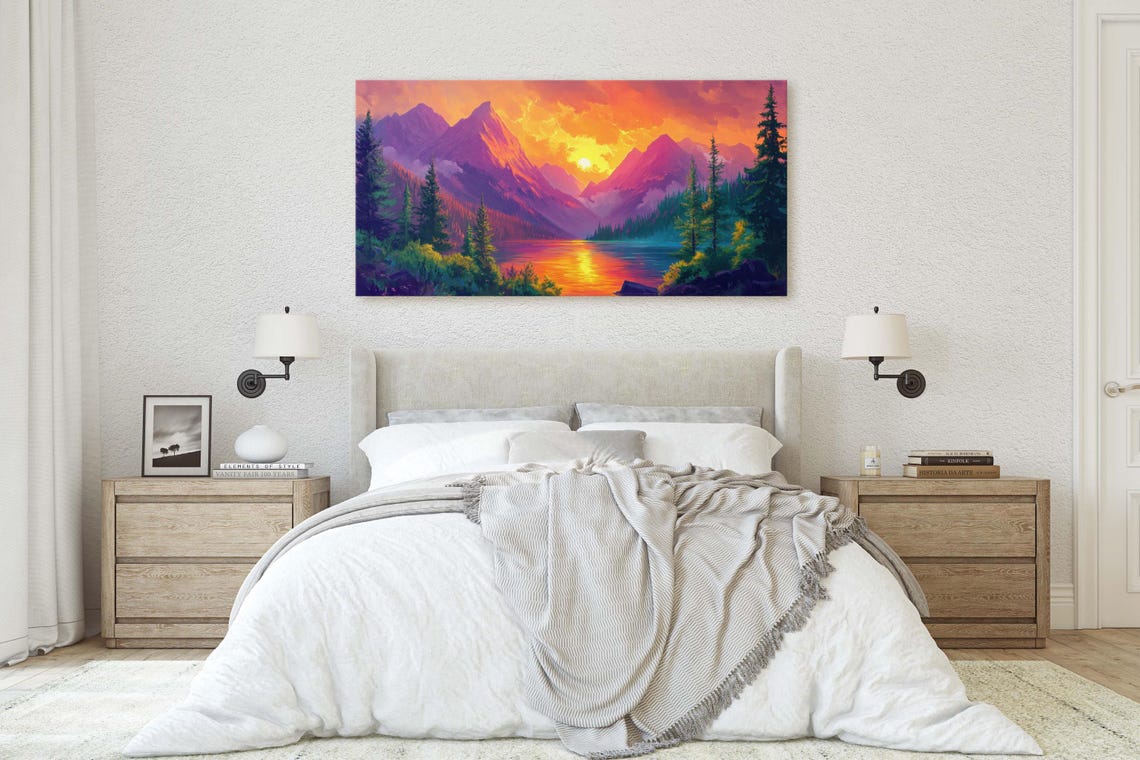 Vibrant Mountain Sunset Over Mirror Lake Orange Sky Landscape Poster - Image 3