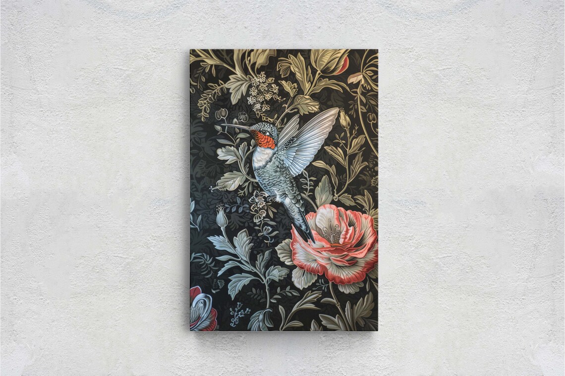 Hummingbird William Morris Style Floral Dark Botanical Art Poster - Image 2