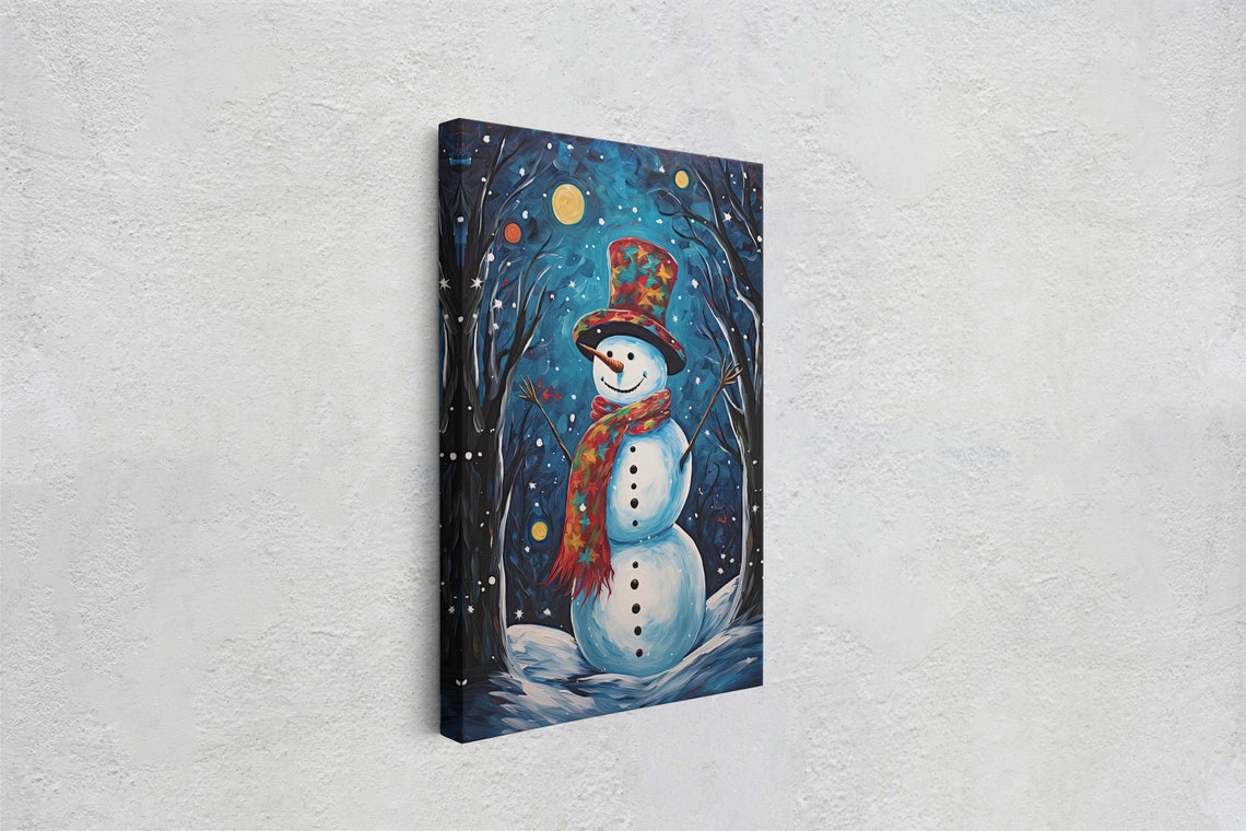 Snowman Colorful Patchwork Top Hat Starry Winter Night Sky Art Poster - Image 2
