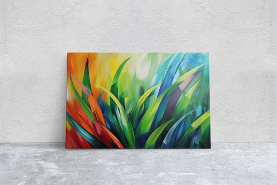 Modern Grass Lush Botanical Abstract Plant Contemporary Decor Framed Rainbow Color Vivid Bold Statement Piece Floral Art