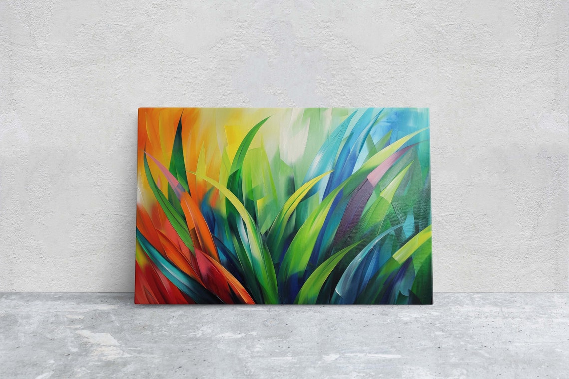 Modern Grass Lush Botanical Abstract Plant Contemporary Decor Framed Rainbow Color Vivid Bold Statement Piece Floral Art