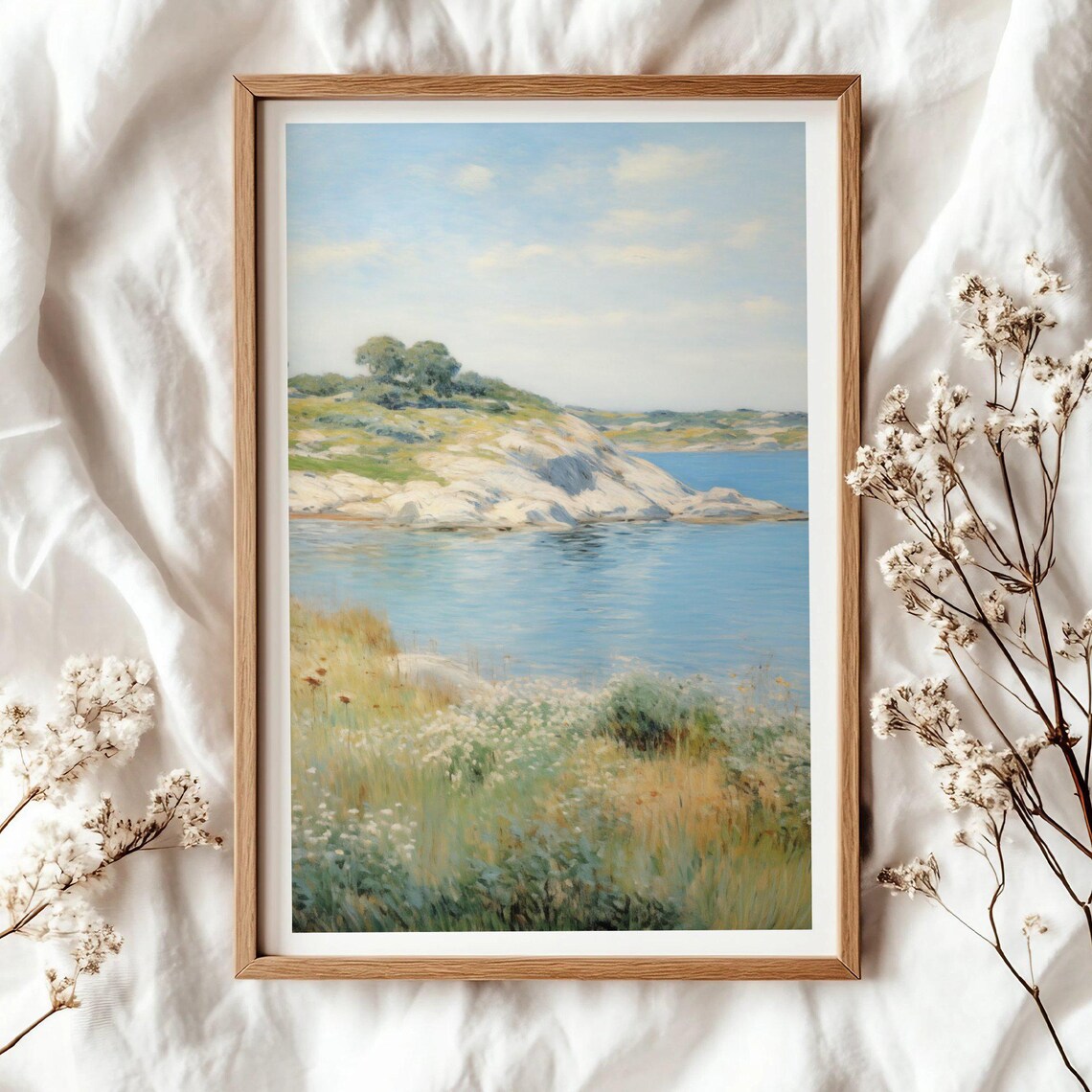 Rustic Seaside Landscape Painting, Vintage Farmhouse - Image 4