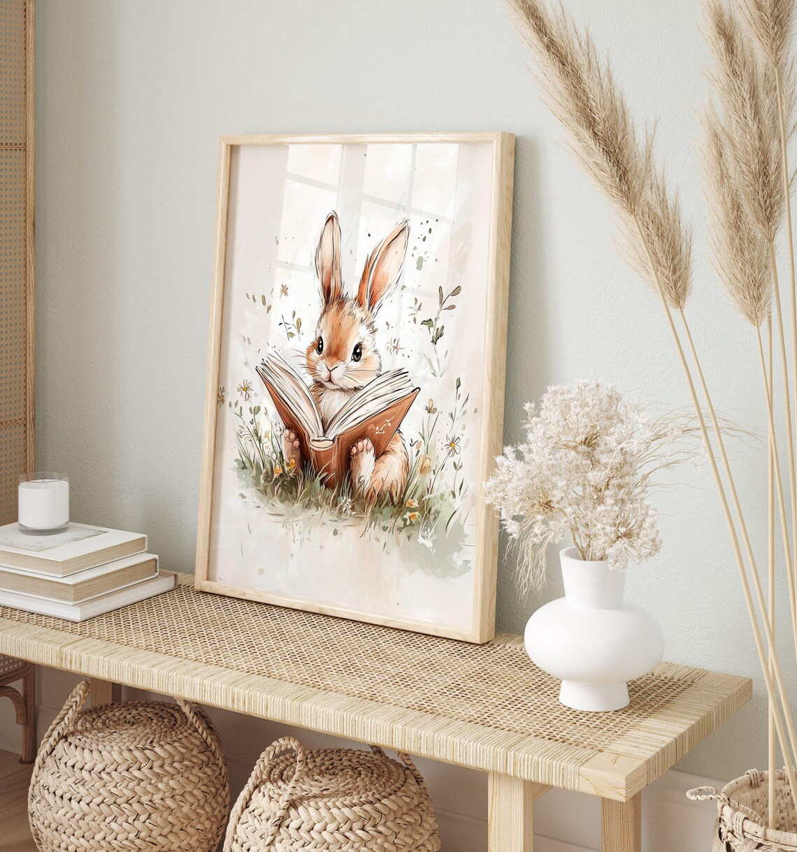 Cute Rabbit Bunny, Rustic Spring Oil Painting - Image 3