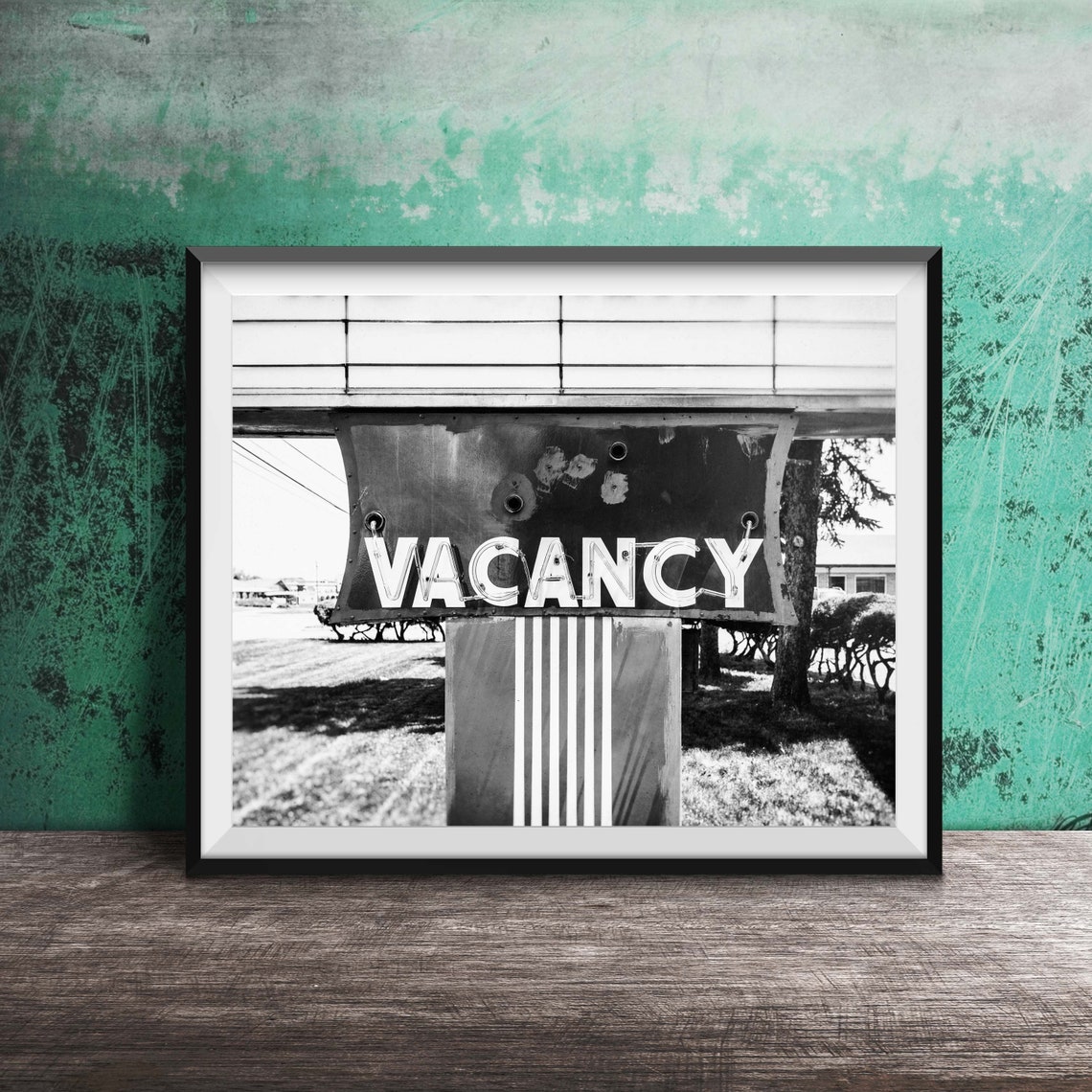 Vacancy Bright Blue Retro Motel Sign Sunlit Lawn Photo Poster - Image 2