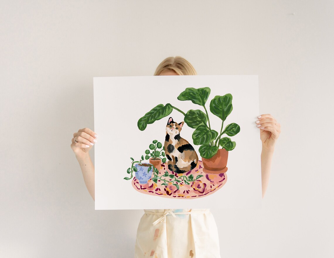 Calico Cat with Plants Art Print, Pet Lover Poster - Image 3