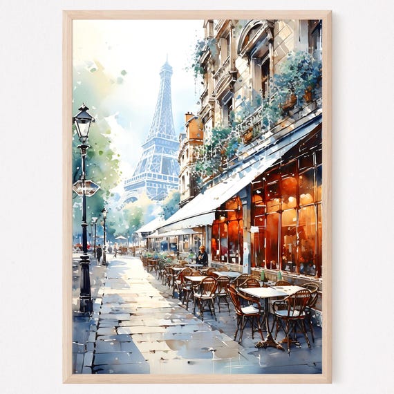 Eiffel Tower Watercolor Art Print Parisian Cafe Scene
