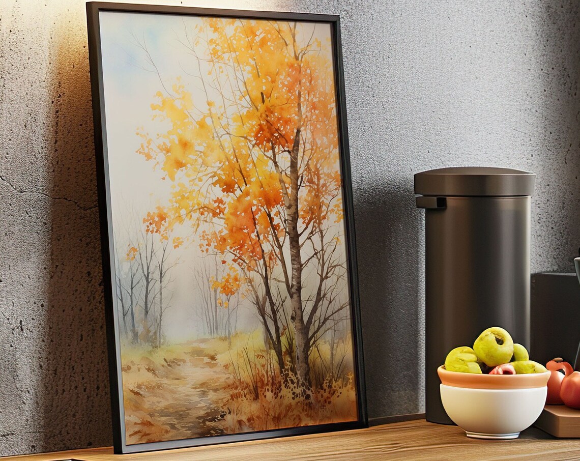 Autumn Birch Trees Golden Forest Path Watercolor Landscape Poster - Image 5