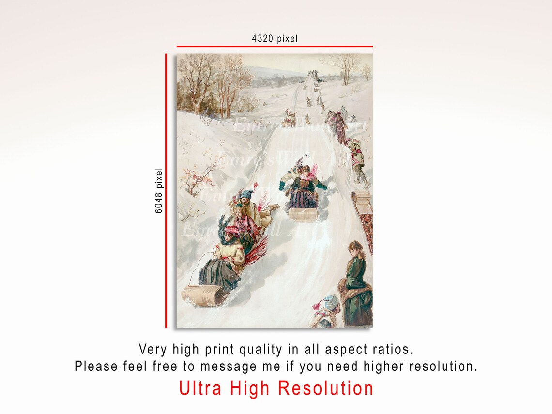 Victorian Toboggan Sledding Snowy Hill Winter Scene Fine Poster - Image 3