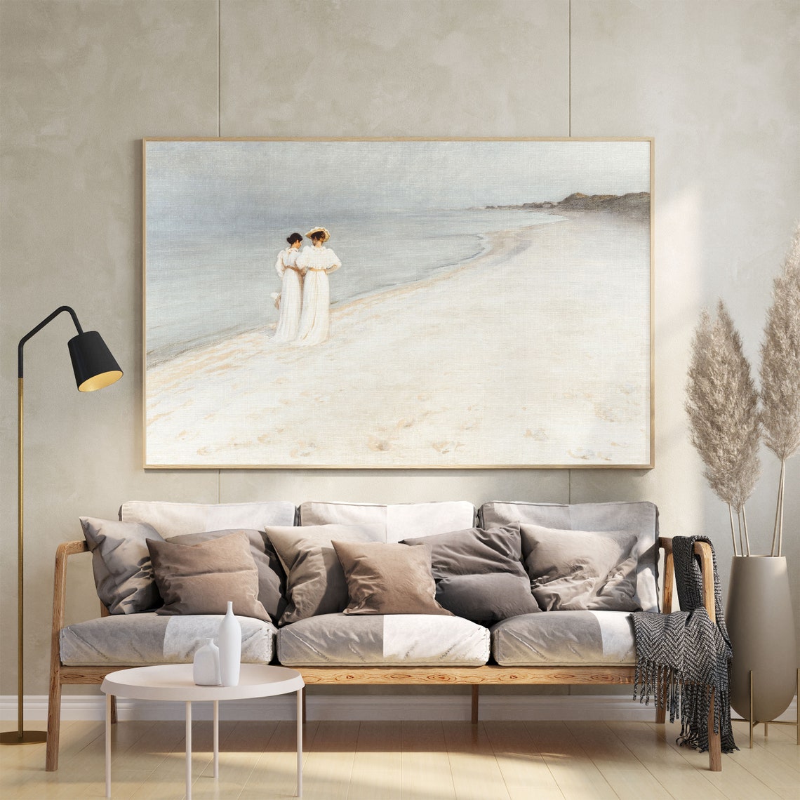 Two Women in White Dresses on Misty Beach Vintage Coastal Poster - Image 2