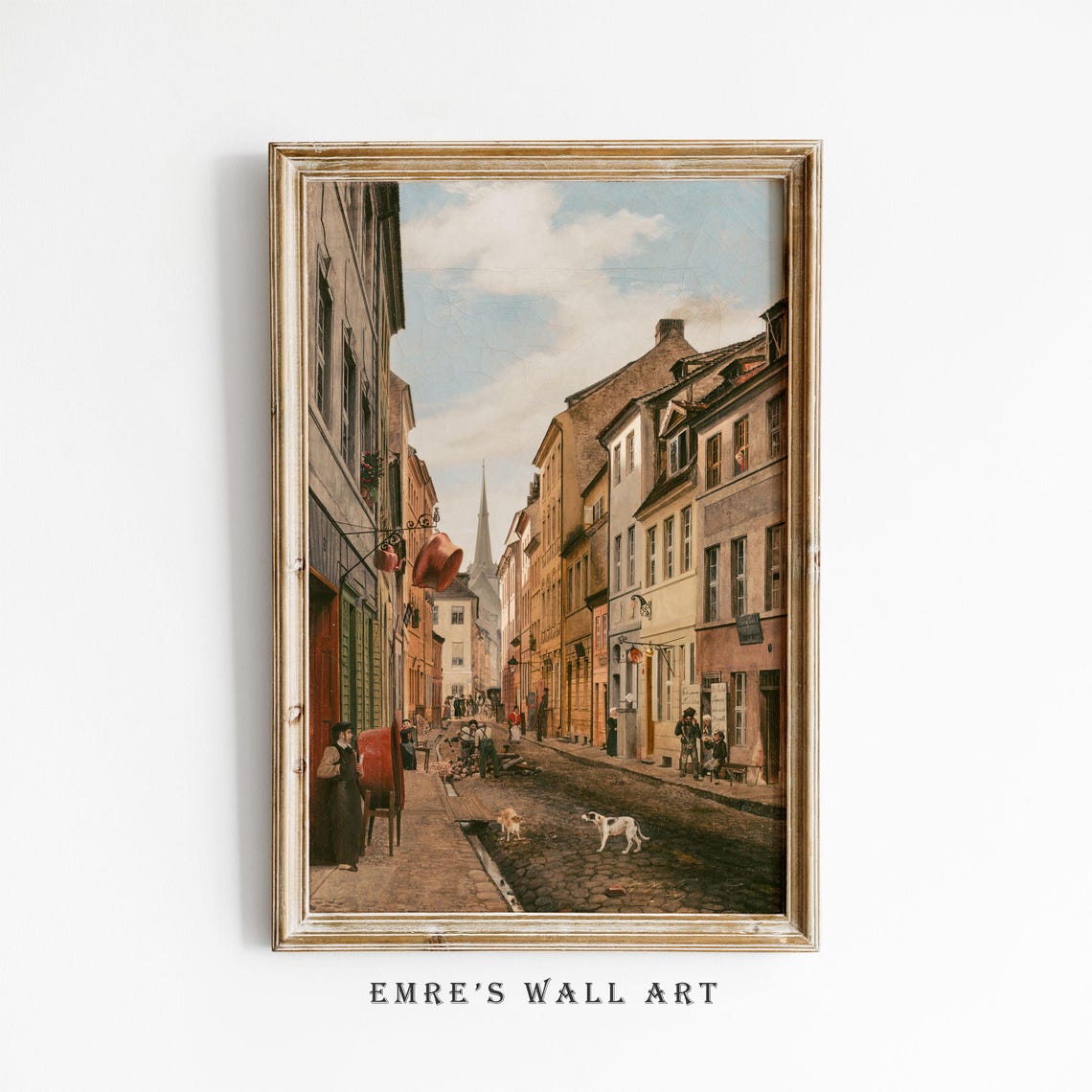 Antique Street Scene Painting Vintage Urban Art Print Old Town Wall Art Vintage Neighbourhood Painting Decor