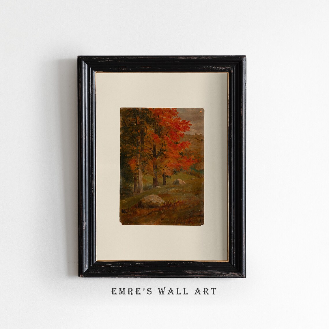 Matted Autumn Tree Painting Vintage Fall Foliage Slope Landscape Poster - Image 2