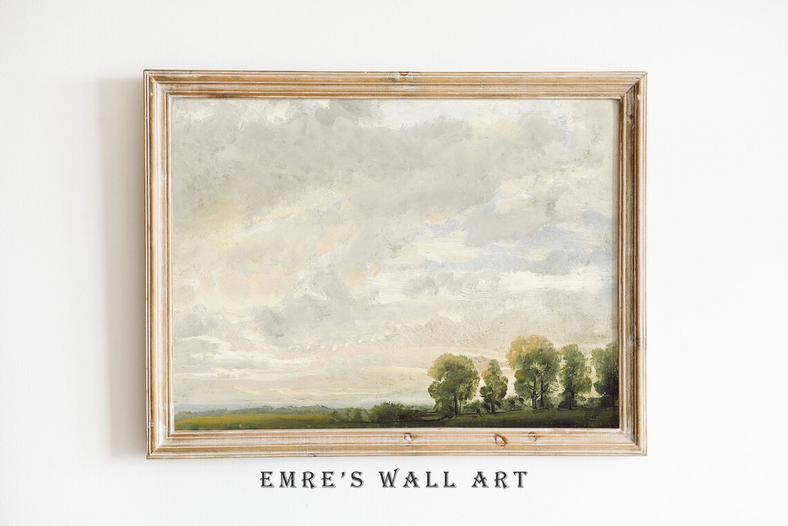 Vintage Cloud Landscape Painting, Rustic Farmhouse Art Print - Image 2