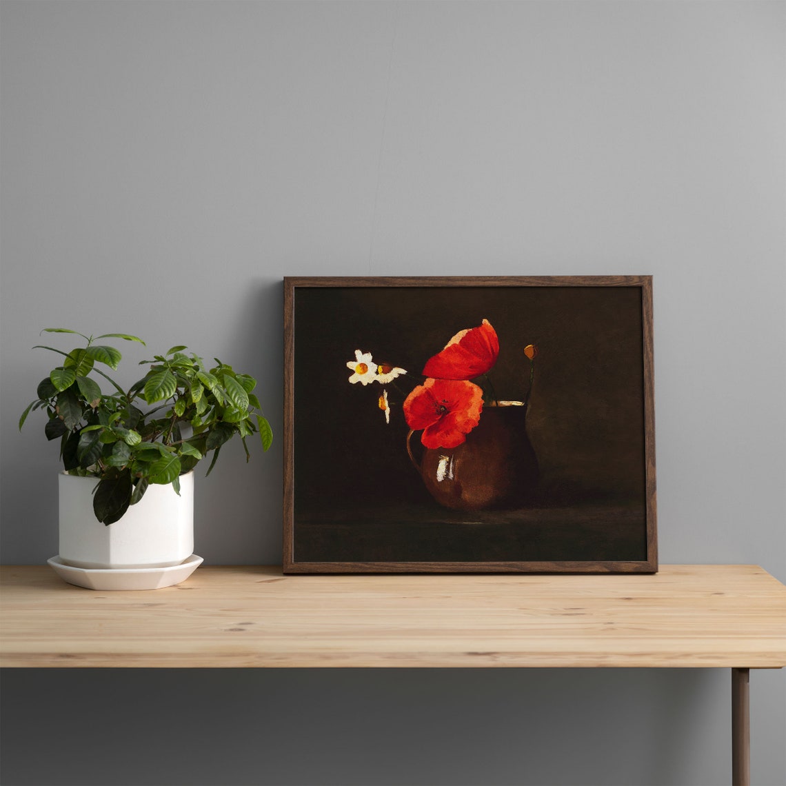 Poppy Art Print Daisy Art Print Vintage Flower Oil Painting Still Life Oil Painting Dark Floral Art Print Artwork - Image 2