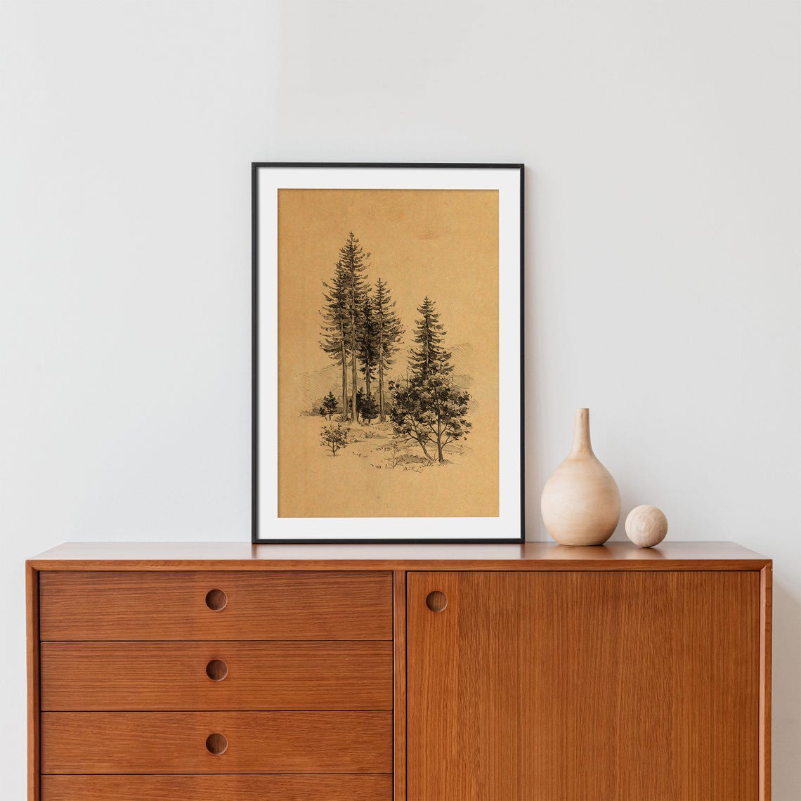 Tall Pine Trees Ink Sketch on Kraft Paper Vintage Nature Art Poster - Image 2
