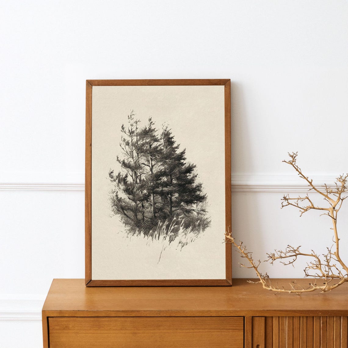 Neutral Pine Trees Print Rustic Sketch Wall Art Vintage Tree Drawing Decor Woodland Sketch - Image 4