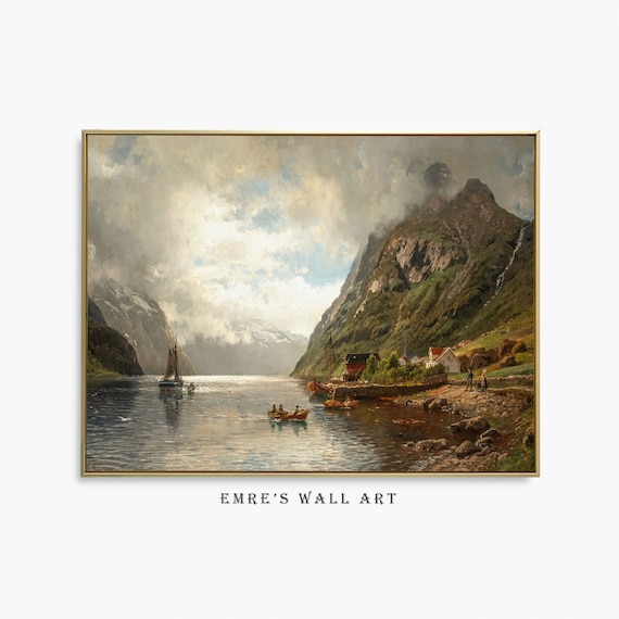Vintage Mountain Lake Painting, Farmhouse Landscape Art Print