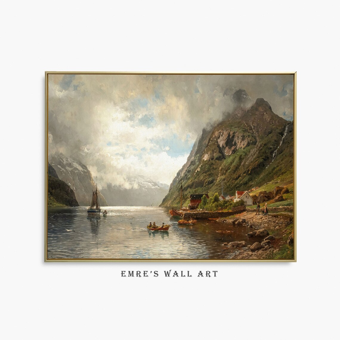 Vintage Mountain Lake Painting, Farmhouse Landscape Art Print