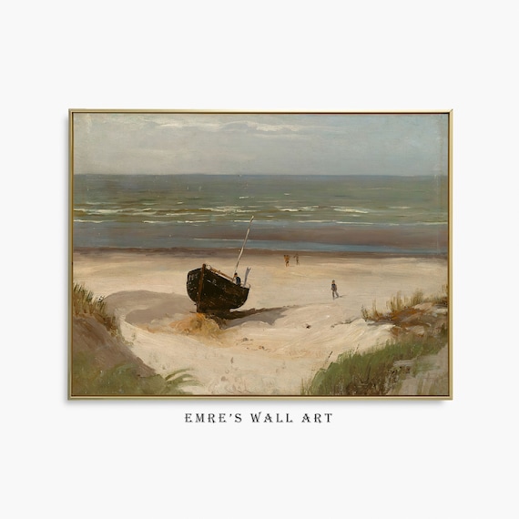 Muted Coastal Beach Painting Beached Boat Figures Calm Sea Vintage Poster