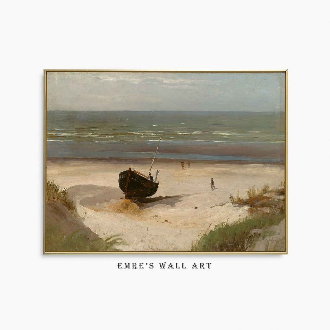 Muted Coastal Beach Painting Beached Boat Figures Calm Sea Vintage Poster