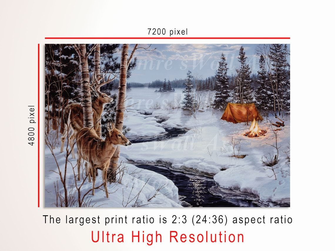 Vintage Winter Deer Oil Painting Art Print - Image 3
