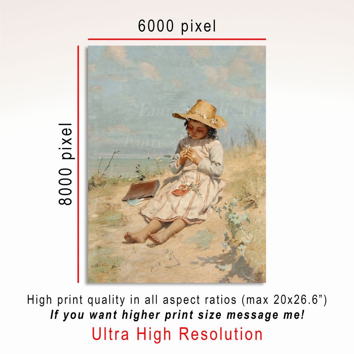Vintage Girl in Straw Hat Seaside Beach Painting Flowers Summer Print - Image 3