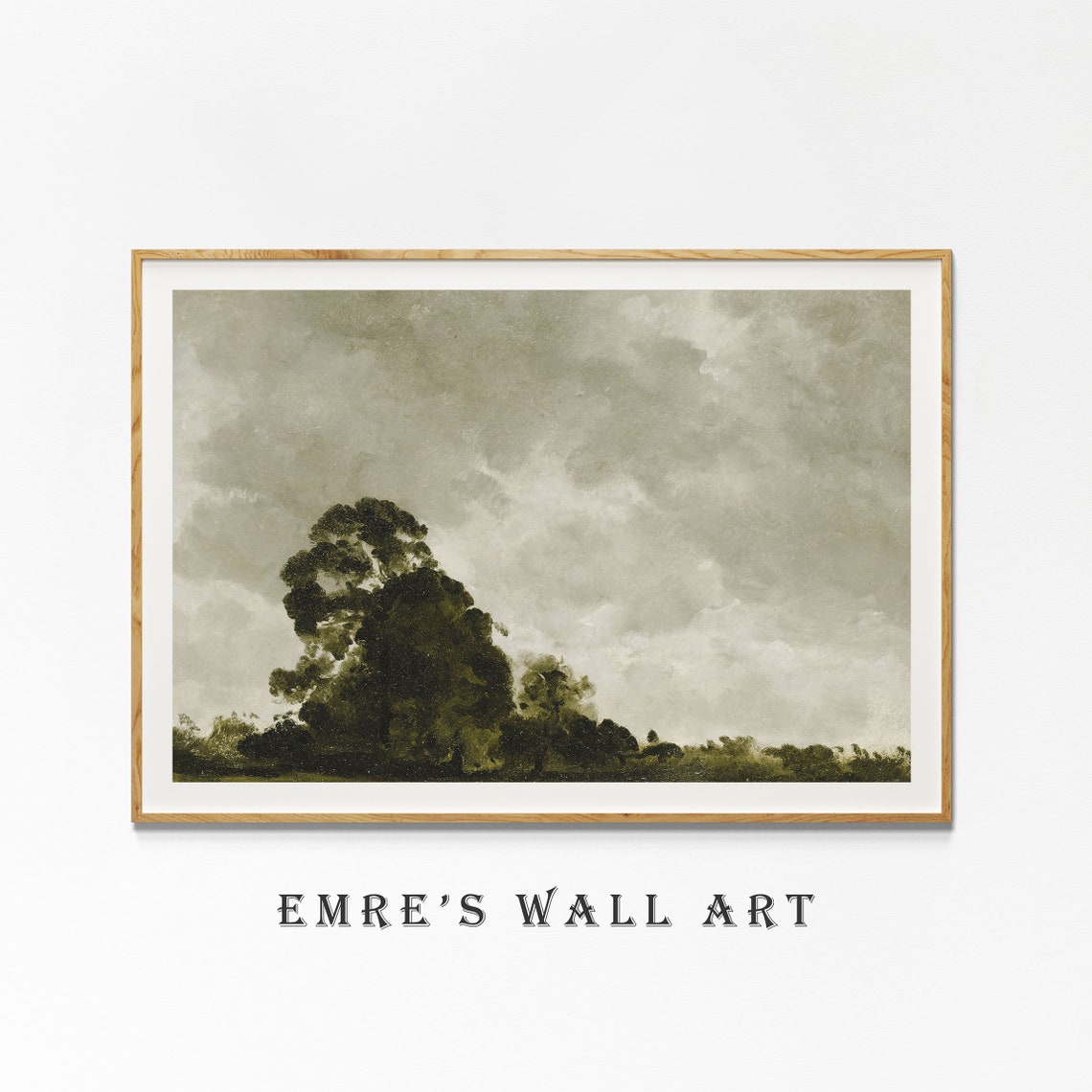 Moody Cloudy Sky Country Landscape Painting Dark Tree Vintage Wall Art - Image 4