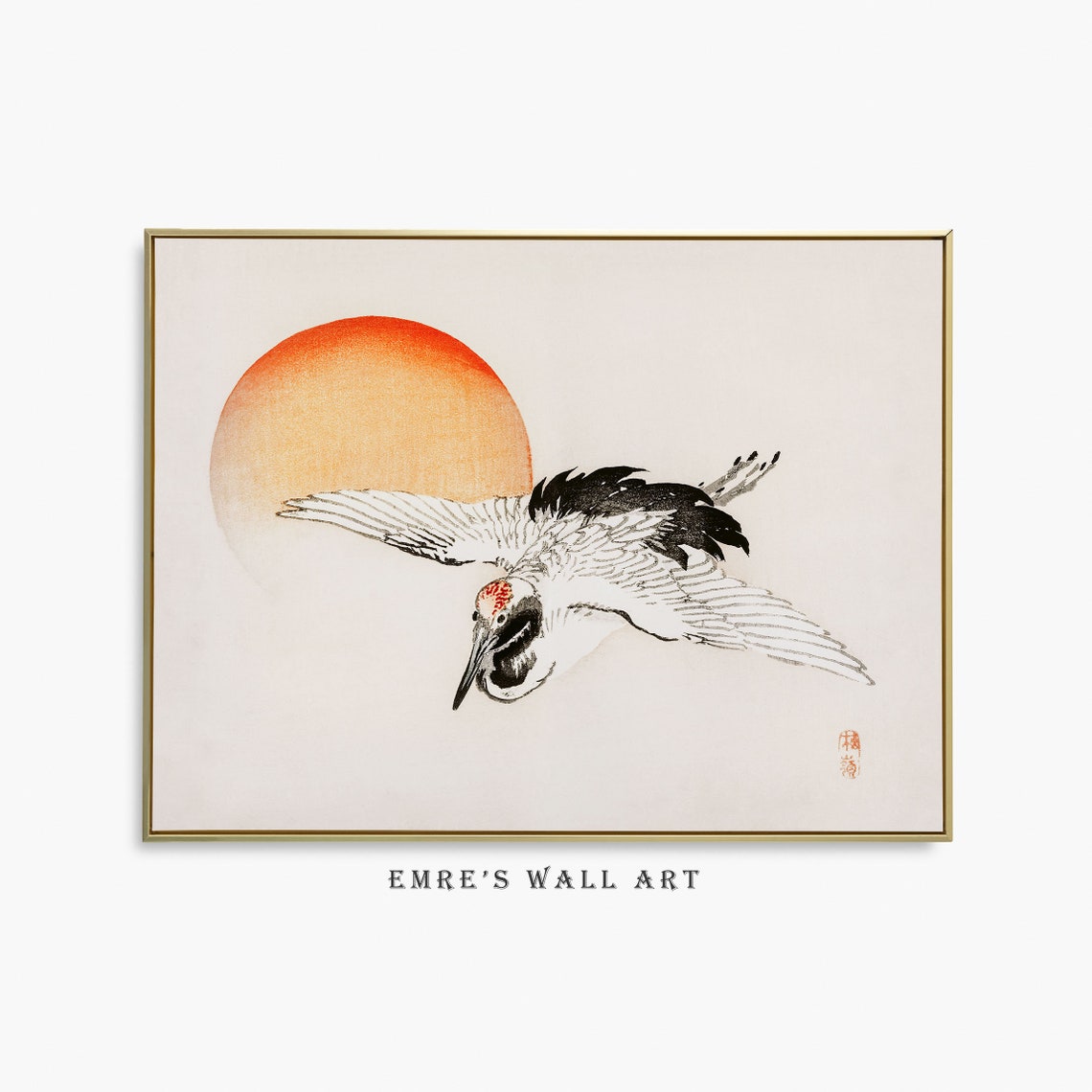 Flying Crane with Red Sun Japanese Vintage Bird Artwork Poster