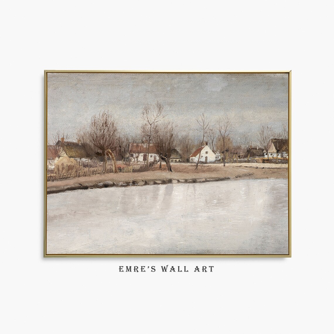 Vintage Village Pond Landscape Bare Trees Gray Sky Countryside Art Poster