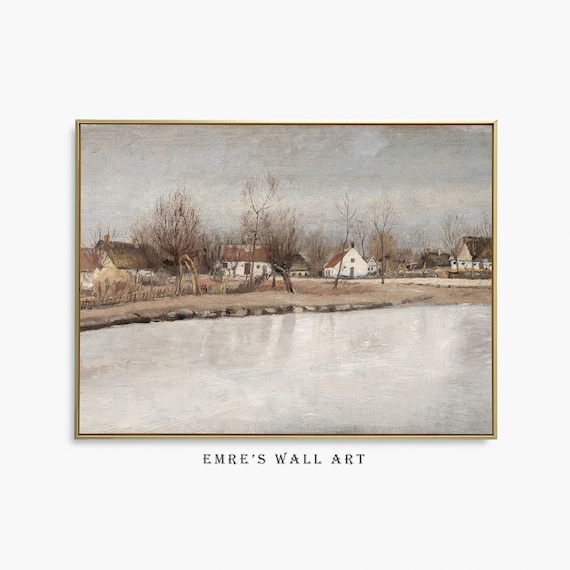 Vintage Village Pond Landscape Bare Trees Gray Sky Countryside Art Poster