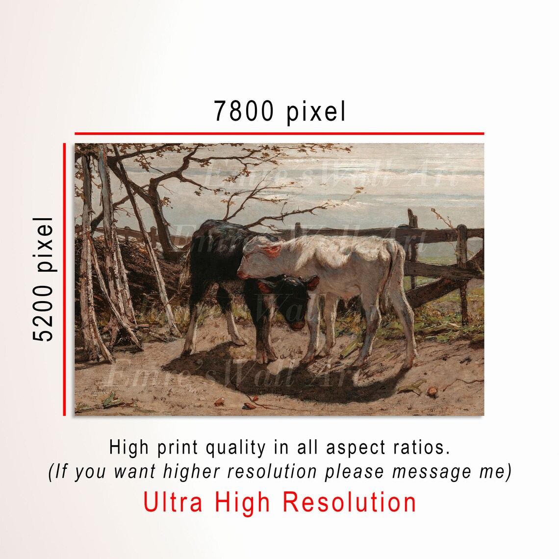 Two Calves by Wooden Fence Vintage Farmyard Oil Painting Poster - Image 3