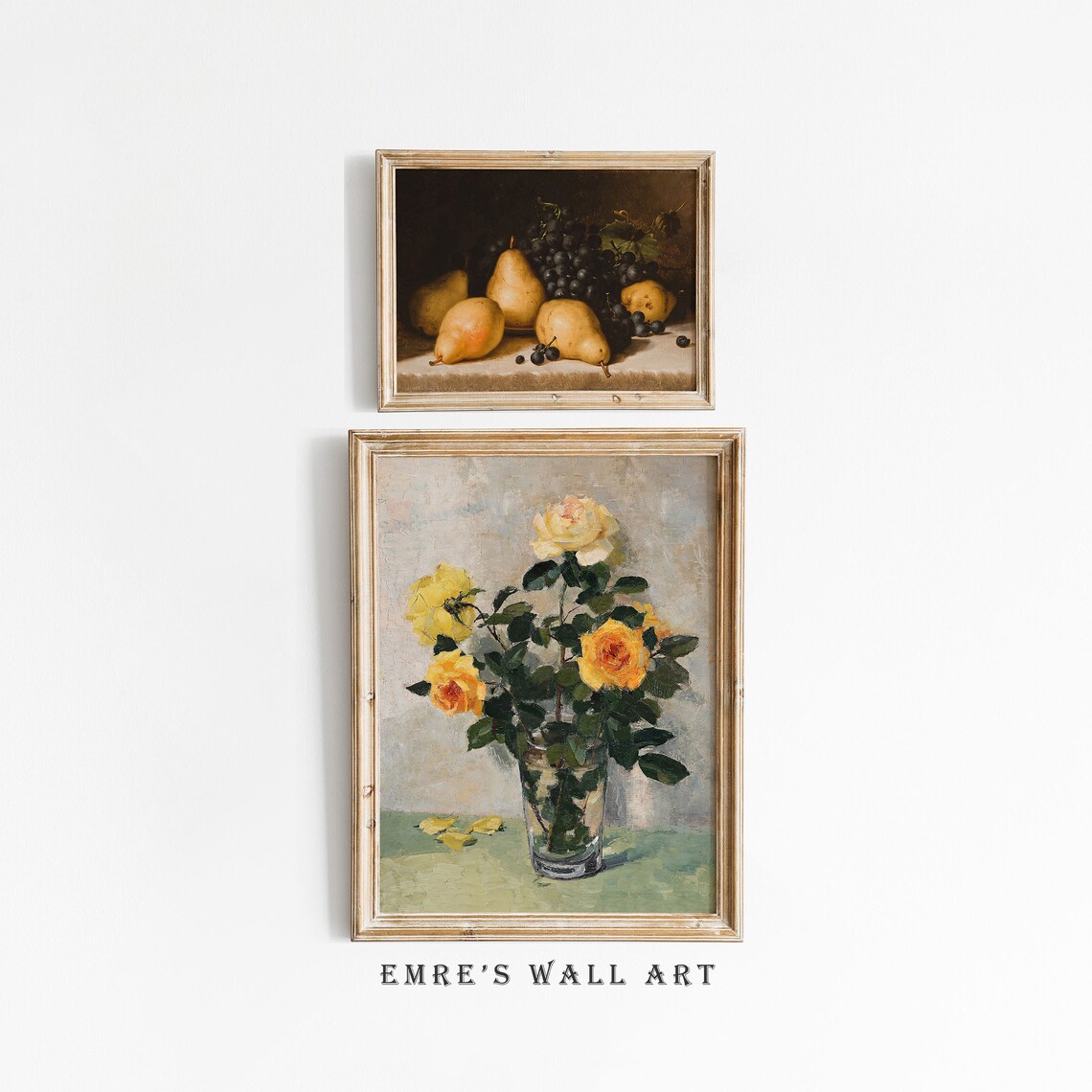 Pears Grapes And Yellow Roses Still Life Vintage Painting Poster