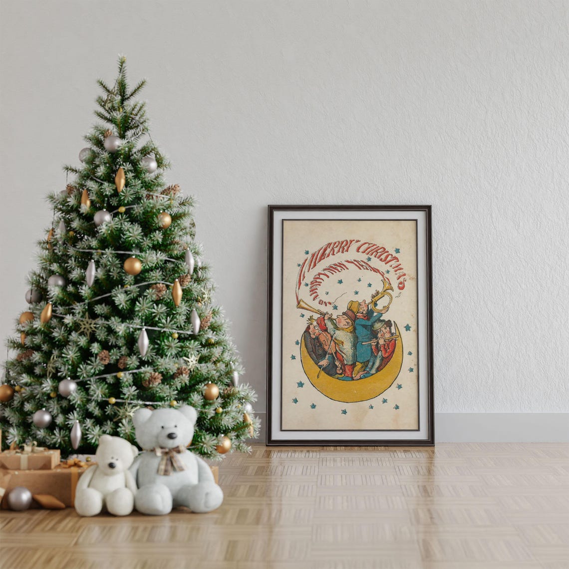 A Merry Christmas Crescent Moon Musicians Vintage Holiday Card Poster - Image 2
