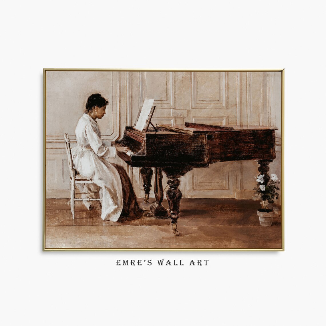 Woman Playing Grand Piano Vintage Parlor Scene Oil Painting Poster