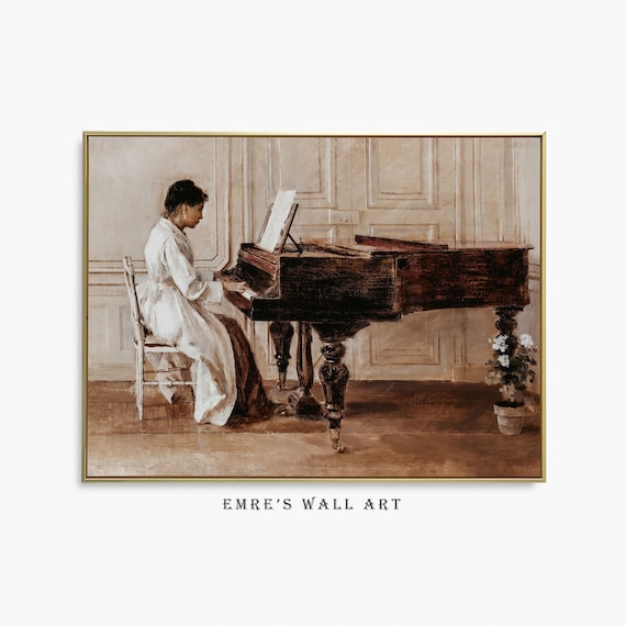 Woman Playing Grand Piano Vintage Parlor Scene Oil Painting Poster