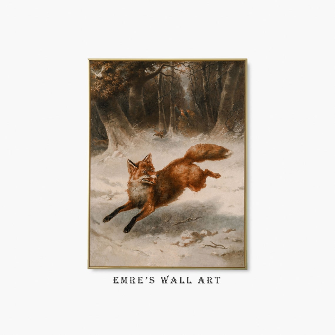 Red Fox Leaping In Snowy Forest Vintage Wildlife Painting Poster